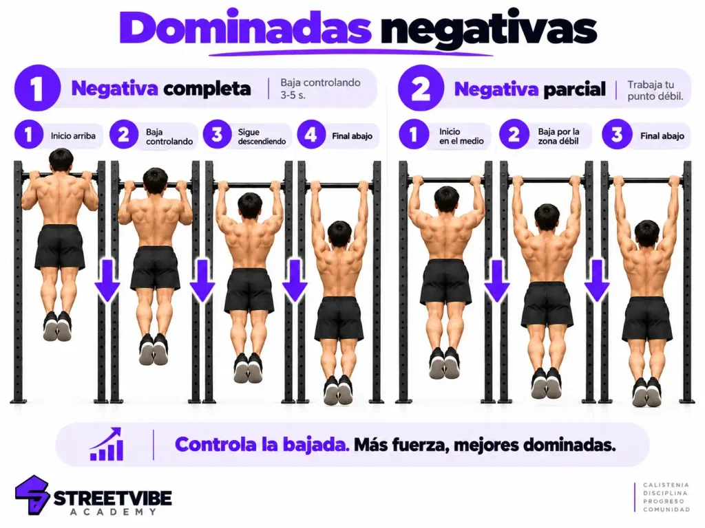 Dominadas negativas completas y parciales para conseguir la primera dominada