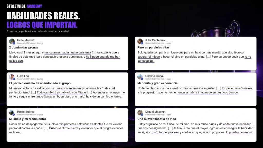 testimonios reales de alumnos de StreetLab, nuestra app de las clases de calistenia